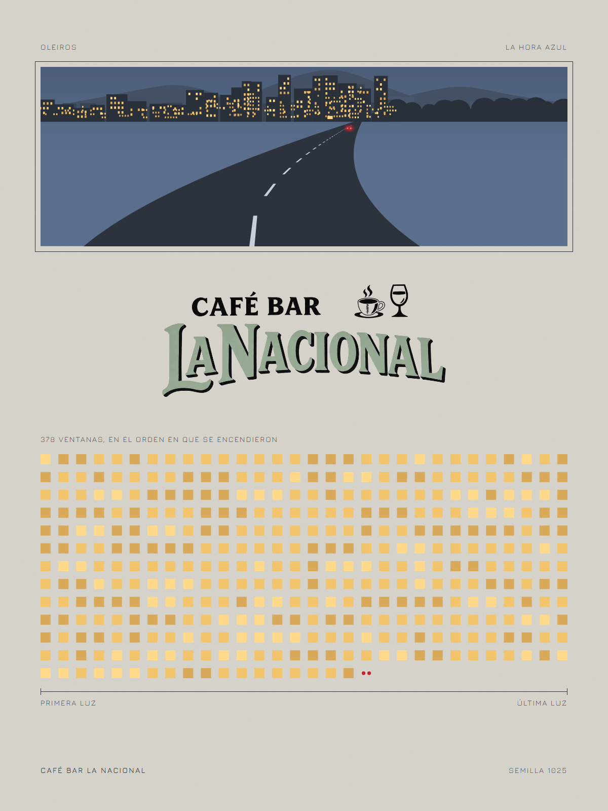 Cartel de Café Bar La Nacional: el mural con el Civic alejándose y la ciudad encendida